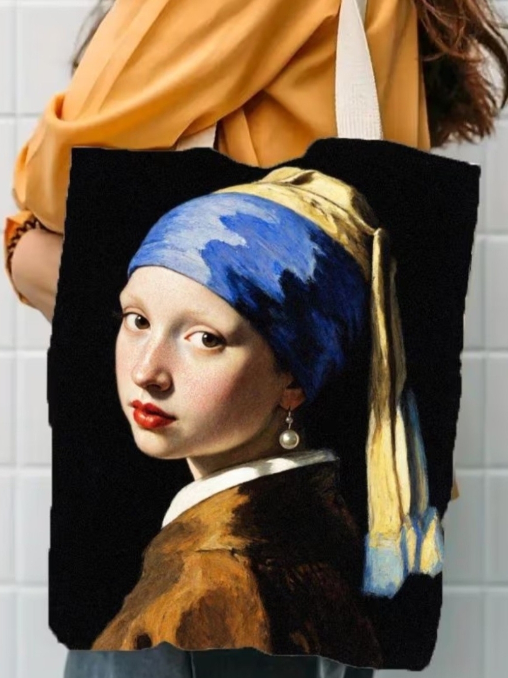 Girl with a Pearl Earring Art Tote Bag - Blue and Brown